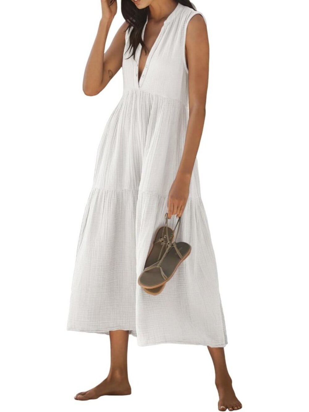 Summer Cotton Button V-Neck Maxi Dress for Women - Flowy, Casual & Stylish